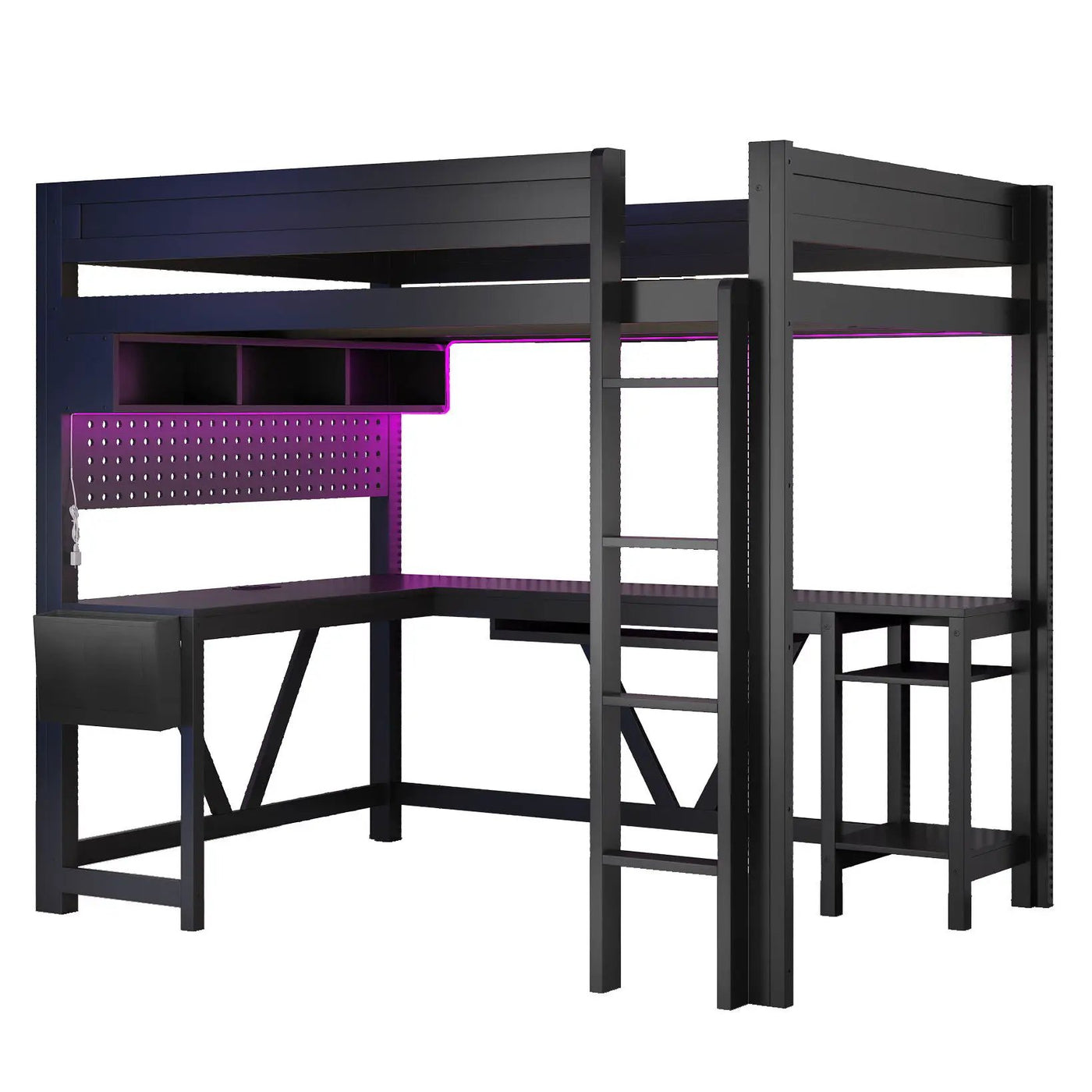 Gaming Loft Bed With Desk, Storage Shelves, LED And Charging Station by HouseOfZazla