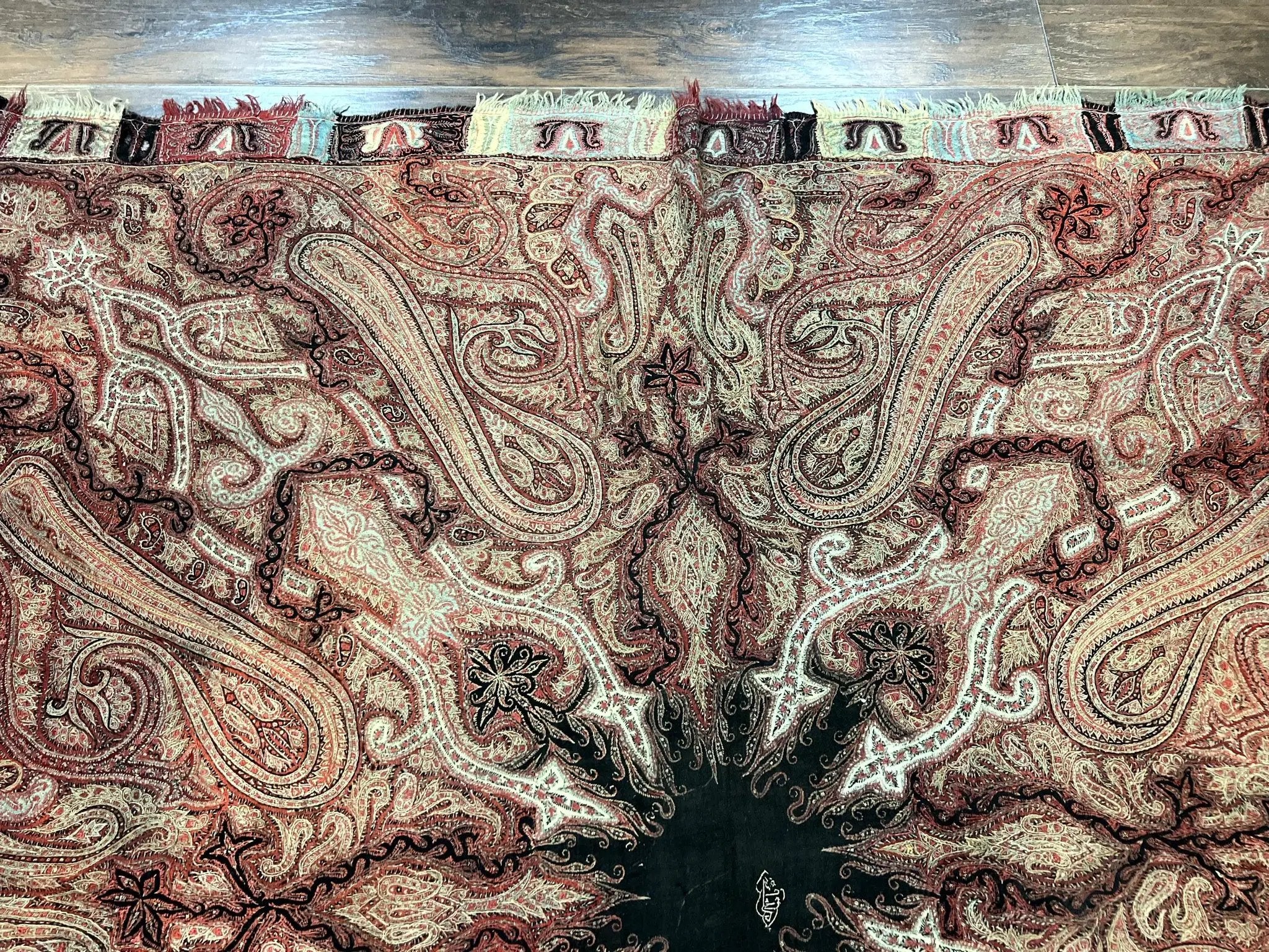 Antique Indian Kashmiri Shawl, Needlework, Signed By Masterweaver, Handmade, Rare by Jewel Rugs