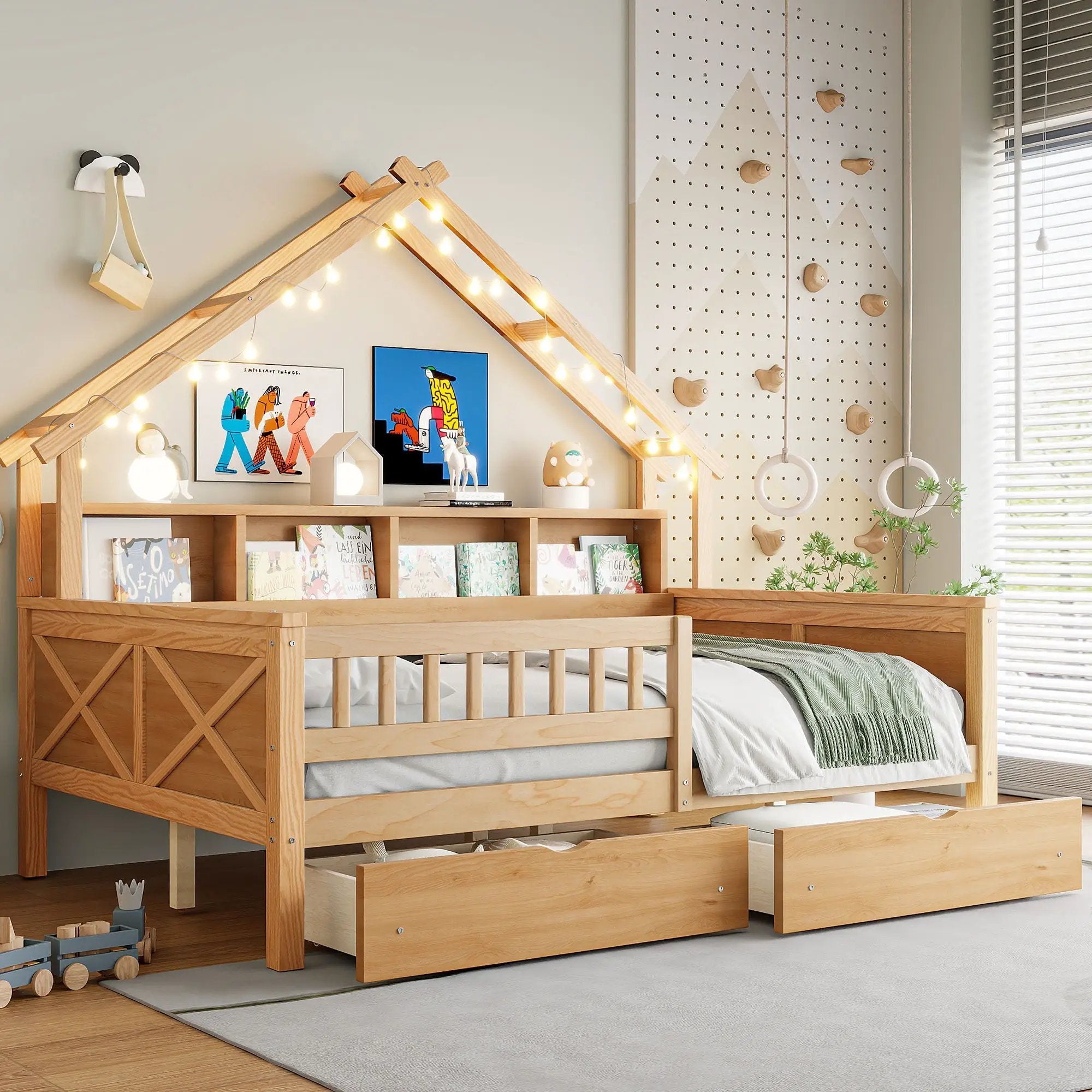 House Style Platform Bed With LED Lights, Storage Shelves, Drawers, And Guardrail by HouseOfZazla