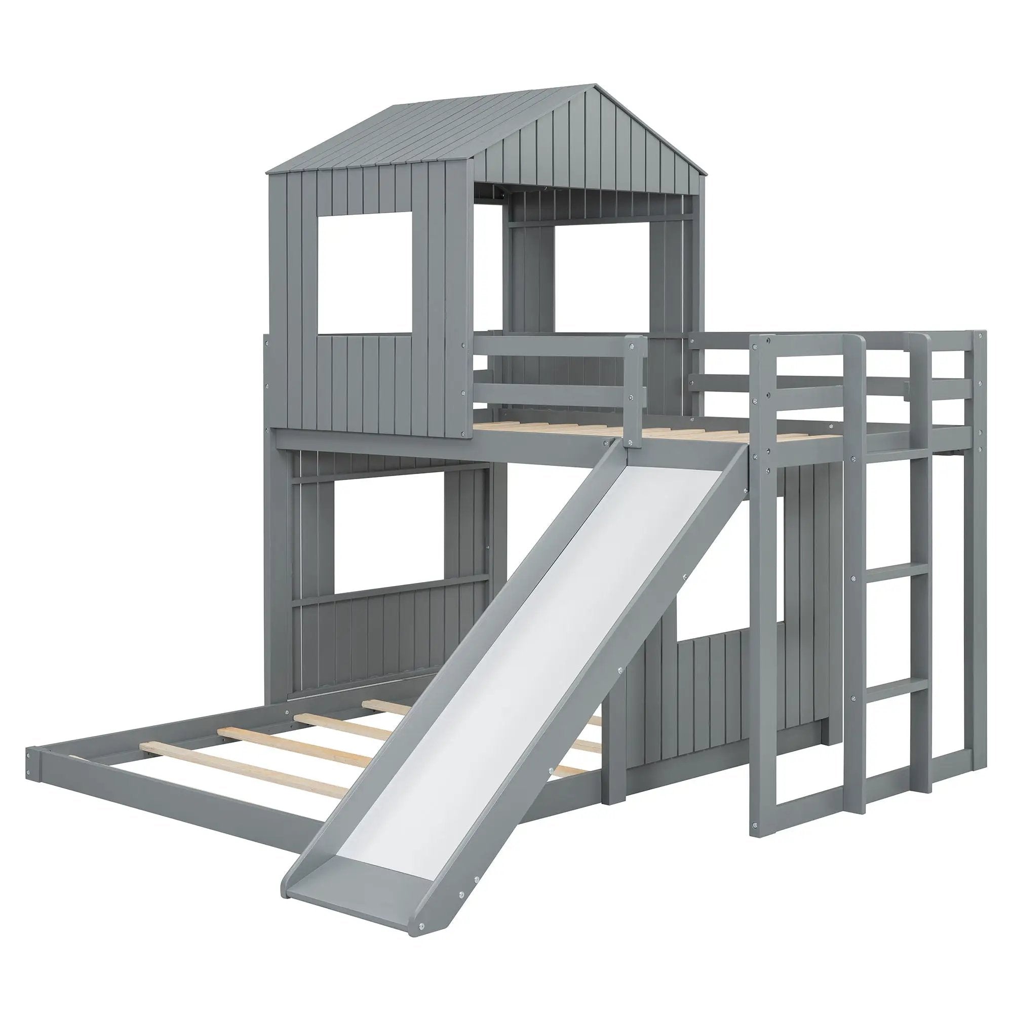 Loft Bunk Bed With Playhouse, Farmhouse, Ladder, Slide And Guardrails by HouseOfZazla