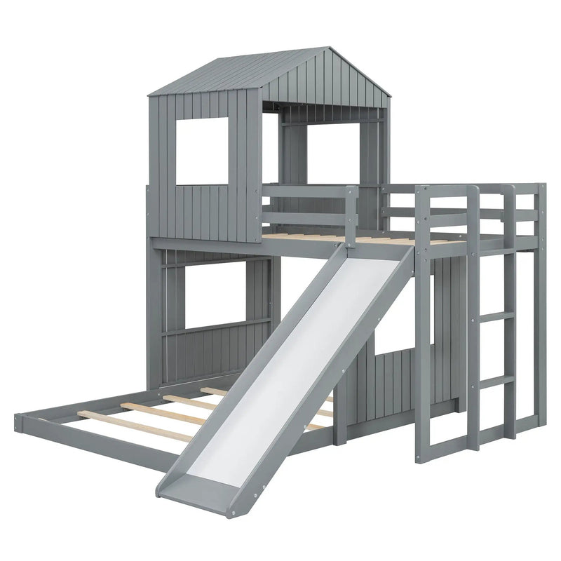 Loft Bunk Bed With Playhouse, Farmhouse, Ladder, Slide And Guardrails by HouseOfZazla