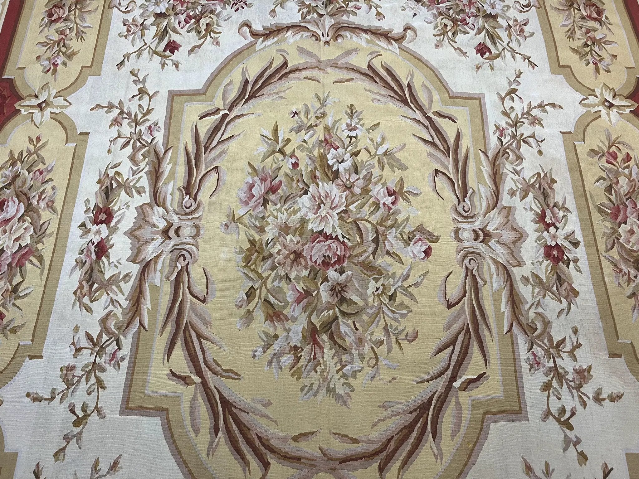 Aubusson Rug 9x12, Elegant Flatweave Savonnerie Carpet 9 x 12 ft, Ivory Light Yellow Red, Handmade Wool Flatweave French European Rug by Jewel Rugs
