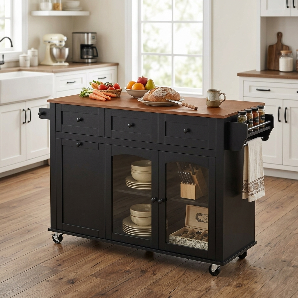 54.2'' Mobile Kitchen Island with Glass Door Storage & Trash Bin by HouseOfZazla