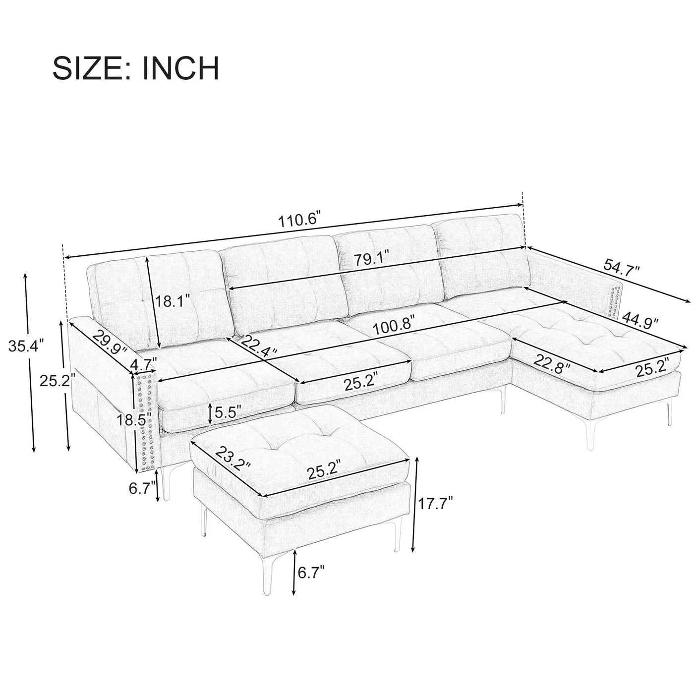 Modern L - Shape Convertible Sectional Sofa With Movable Ottoman by Unique Piece Furniture