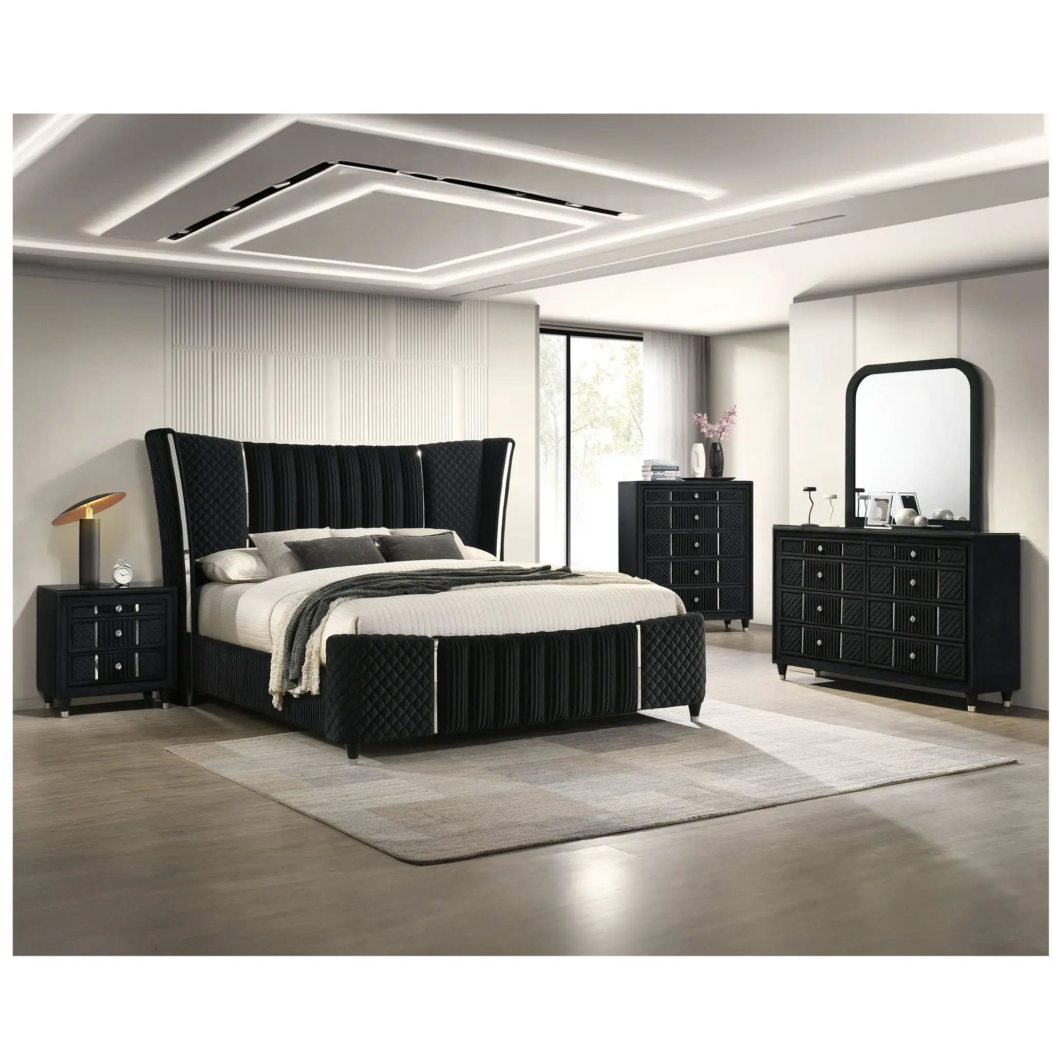 1 Piece Nightstand Upholstery Textured Look Luxurious Feel Drawer Fronts Crystal Style Knobs - Black by Unique Piece Furniture