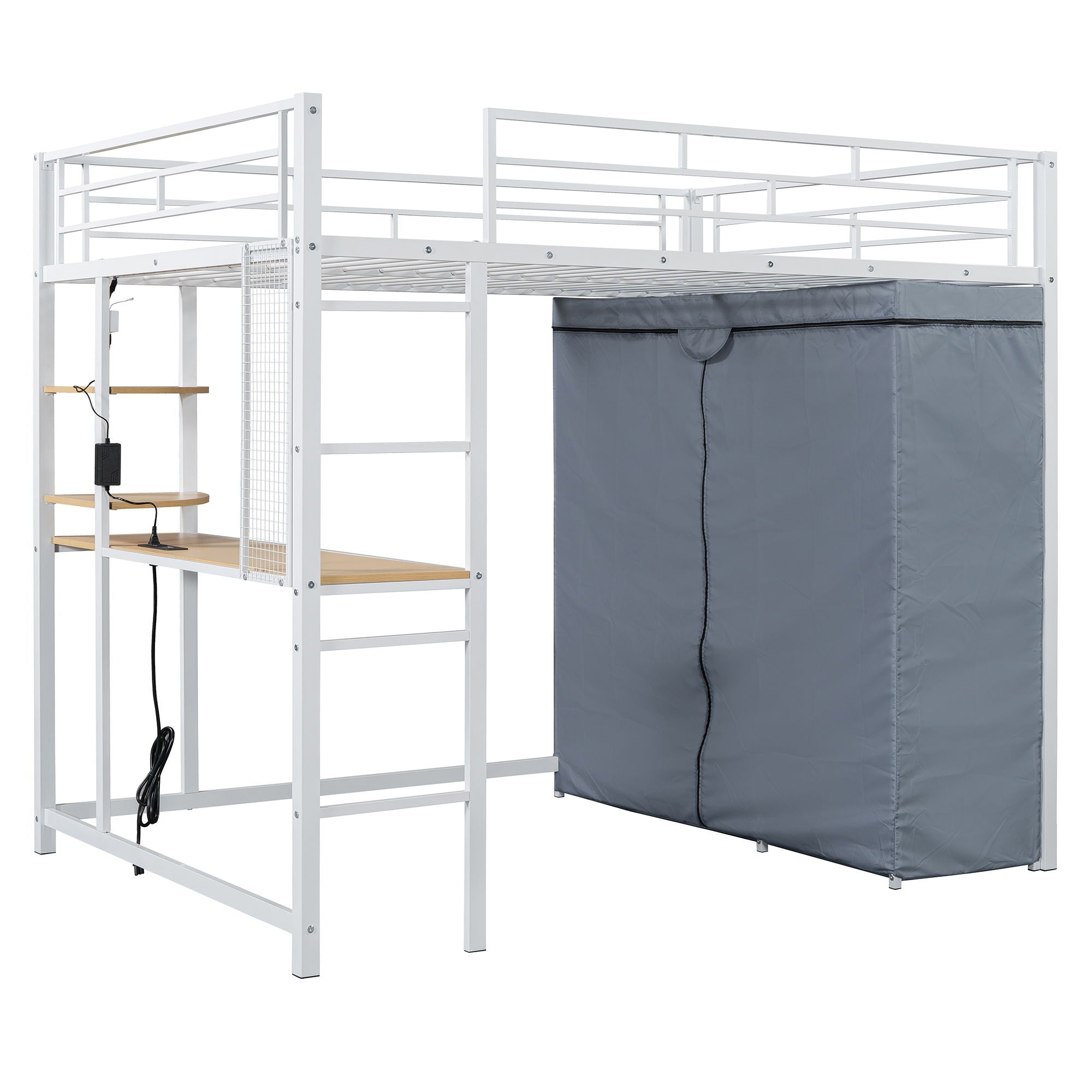 Loft Bed With Desk, Shelves, Power Outlet, LED Light And Wardrobe by HouseOfZazla