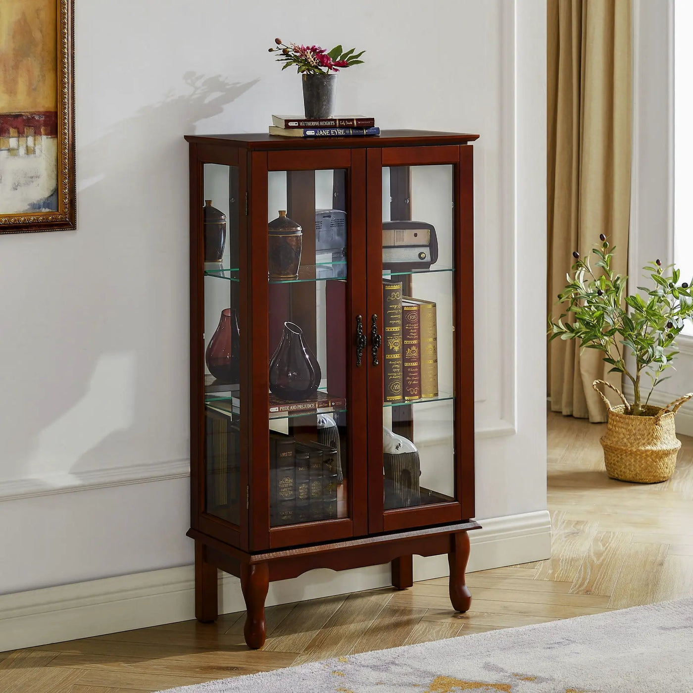 Curio Cabinet Lighted Curio Diapaly Cabinet With Adjustable Shelves And Mirrored Back Panel, Tempered Glass Doors (3 Tier), (E26 Light Bulb Not Included) by HouseOfZazla