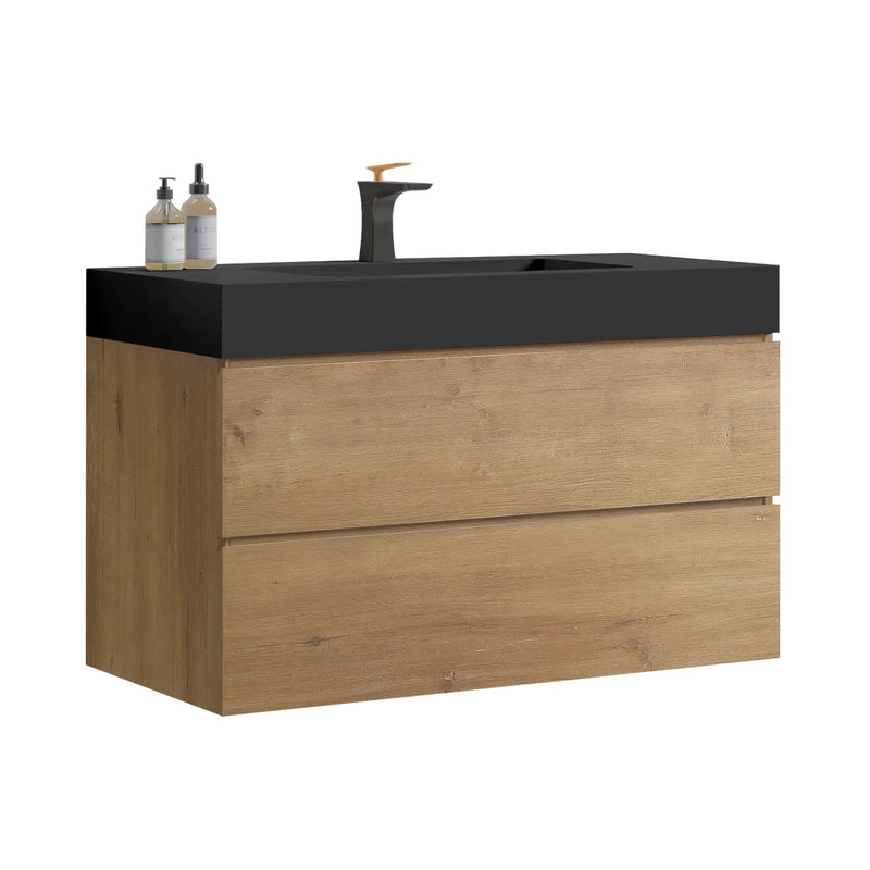 Alice - Natural Oak Bathroom Vanity With Sink, Large Storage Wall Mounted Floating Bathroom Vanity For Modern Bathroom, One-Piece Sink Basin Without Drain by Unique Piece Furniture