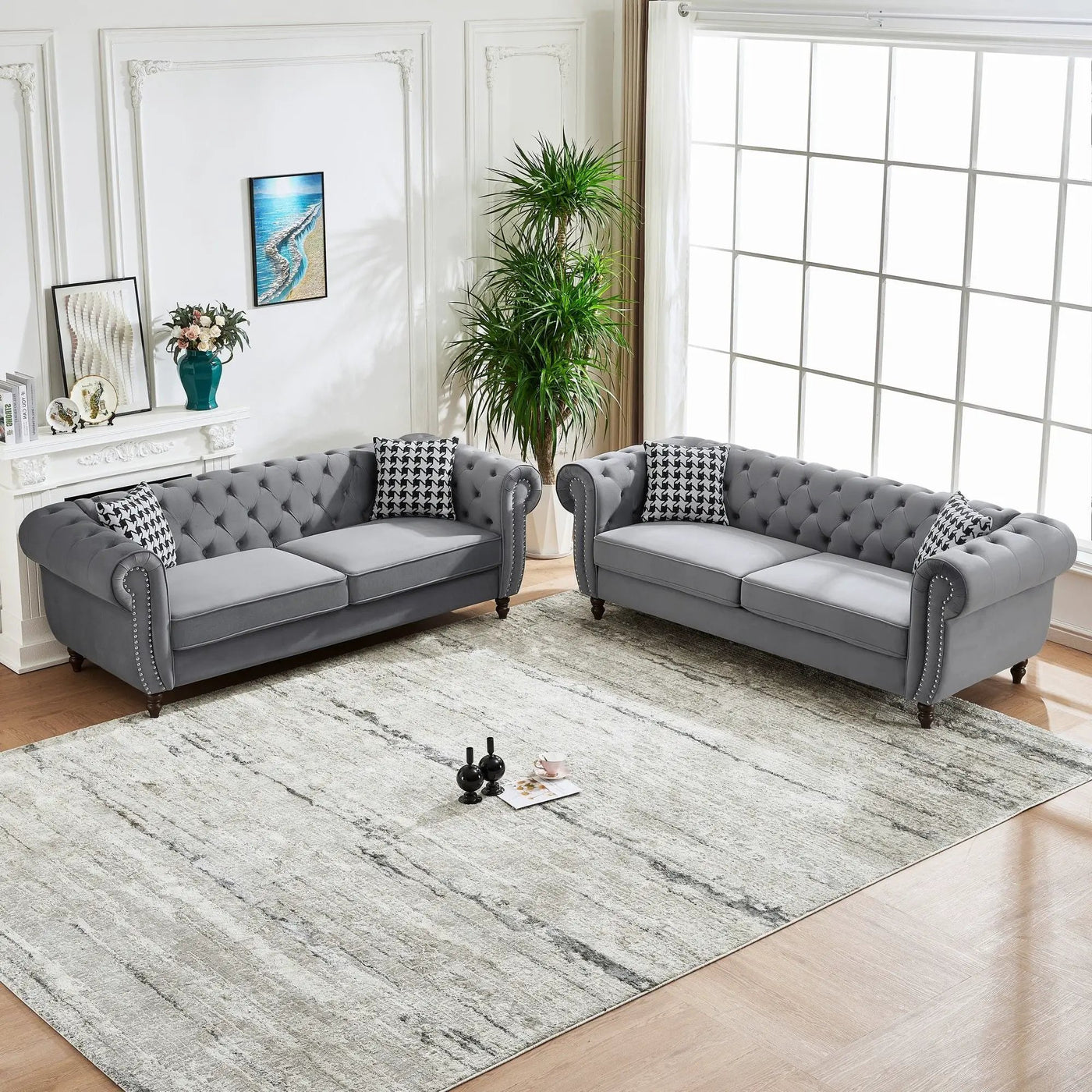 Chesterfield Upholstery Fabric Sofa With Roll Armrest & Nailhead, Mid Century Modern 3 And 3 Seater Couch by HouseOfZazla