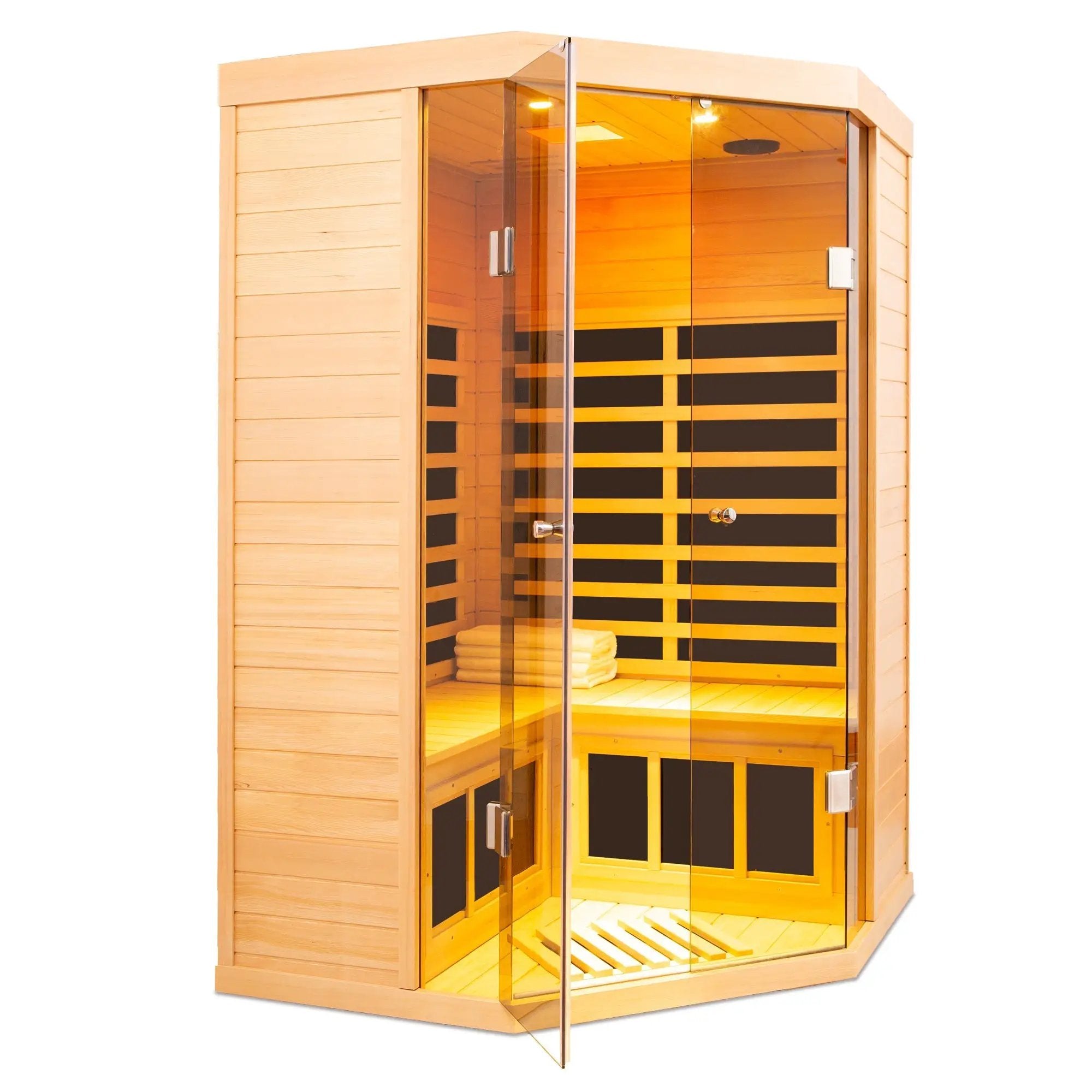 Deluxe Hemlock Far Infrared Corner Sauna Room with Glass Front for Two Persons by HouseOfZazla