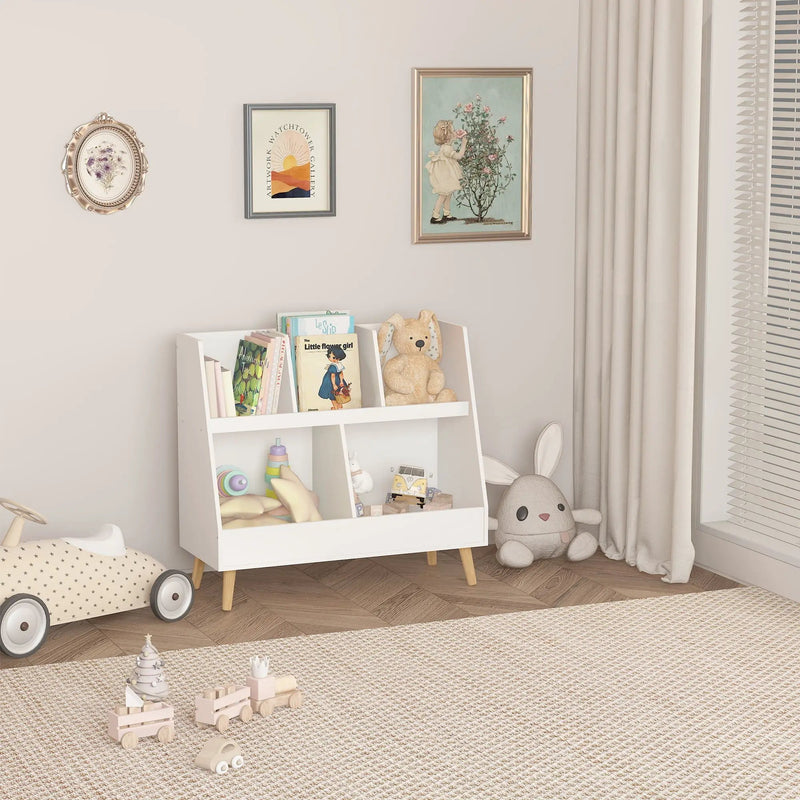 Kids Bookshelf And Toy Organizer, 5 Cubbies Wooden Open Bookcase, 2-Tier Baby Storage Display Organizer With Legs, Free Standing For Playing Room, Bedroom, Nursery, Classroom - White by HouseOfZazla
