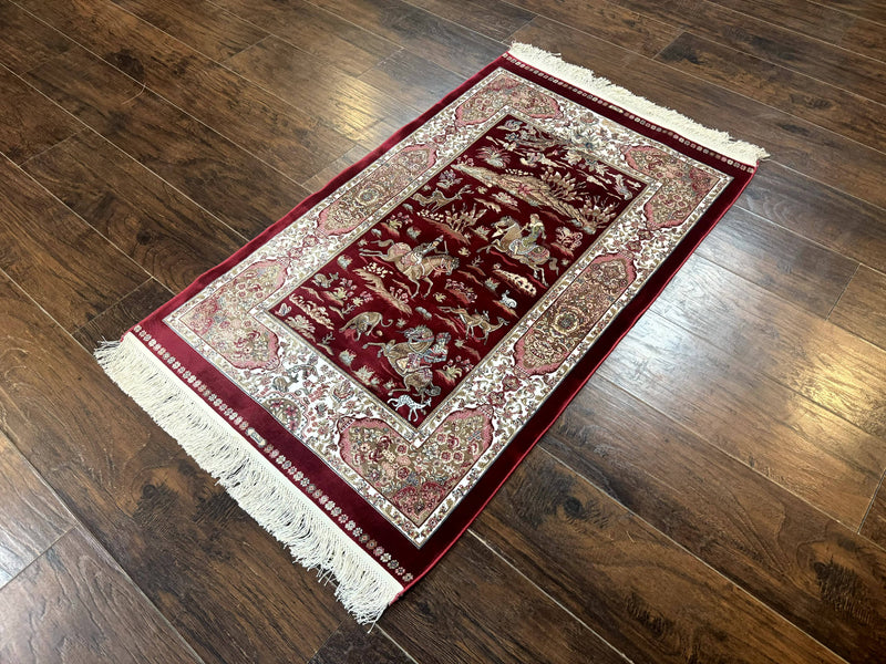 Dark Red Turkish Silk Rug 2.6 x 4, Hunting Design Scene, Bamboo Silk by Jewel Rugs