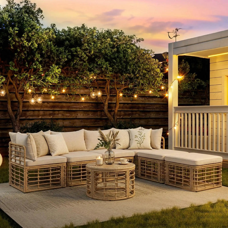 Outdoor Patio Furniture, All-Weather Rattan Sectional Sofa Set With Thick Cushions And Pillows, Freely Combined Conversation Sets For Garden, Backyard, Balcony by Unique Piece Furniture