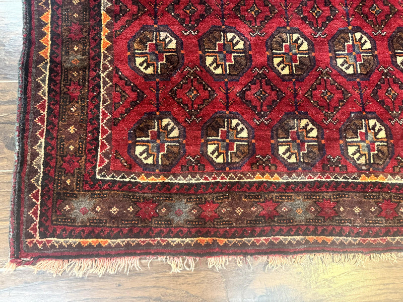 Persian Turkoman Tribal Rug 4x8, Handmade Vintage Wool Carpet, Red, Bohemian Rug by Jewel Rugs