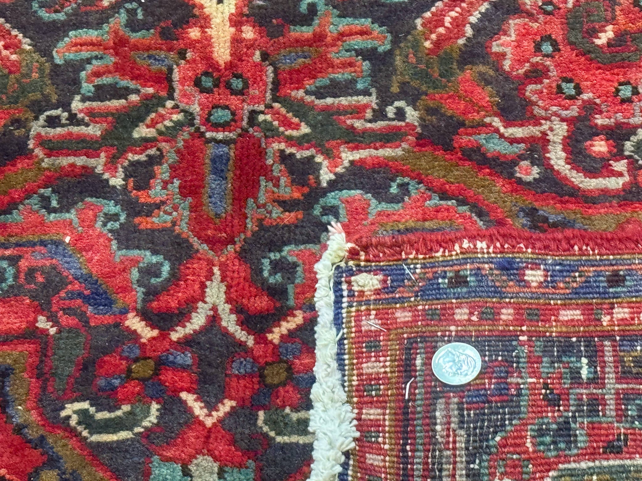 Persian Heriz Rug 7x10, Red and Navy, Geometric Medallion, Vintage Wool Carpet by Jewel Rugs