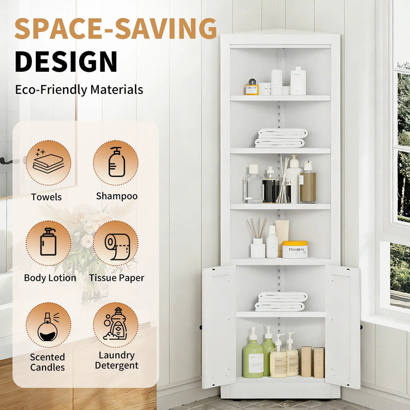 Tall Corner Storage Cabinet With 2 Doors, 5-Tier With Adjustable Shelves, Freestanding - White by HouseOfZazla