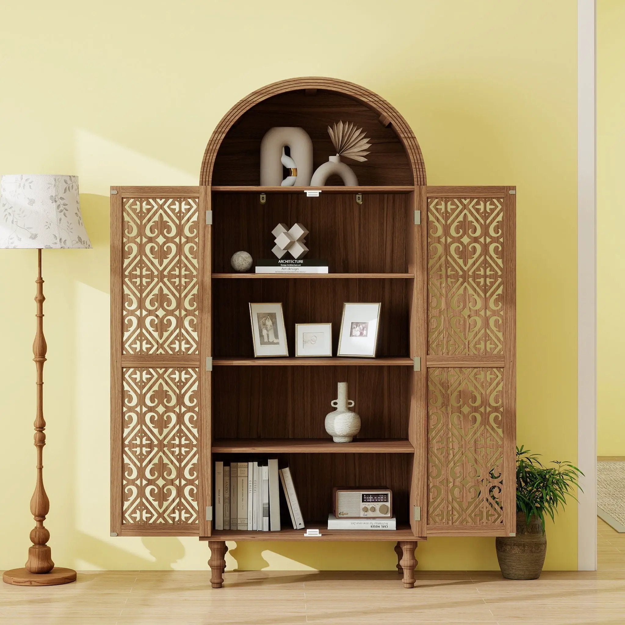 Tall Kitchen Pantry Cabinet With Hollow Carved Doors Adjustable Shelves Versatile Storage Cabinet For Kitchen - Walnut by HouseOfZazla
