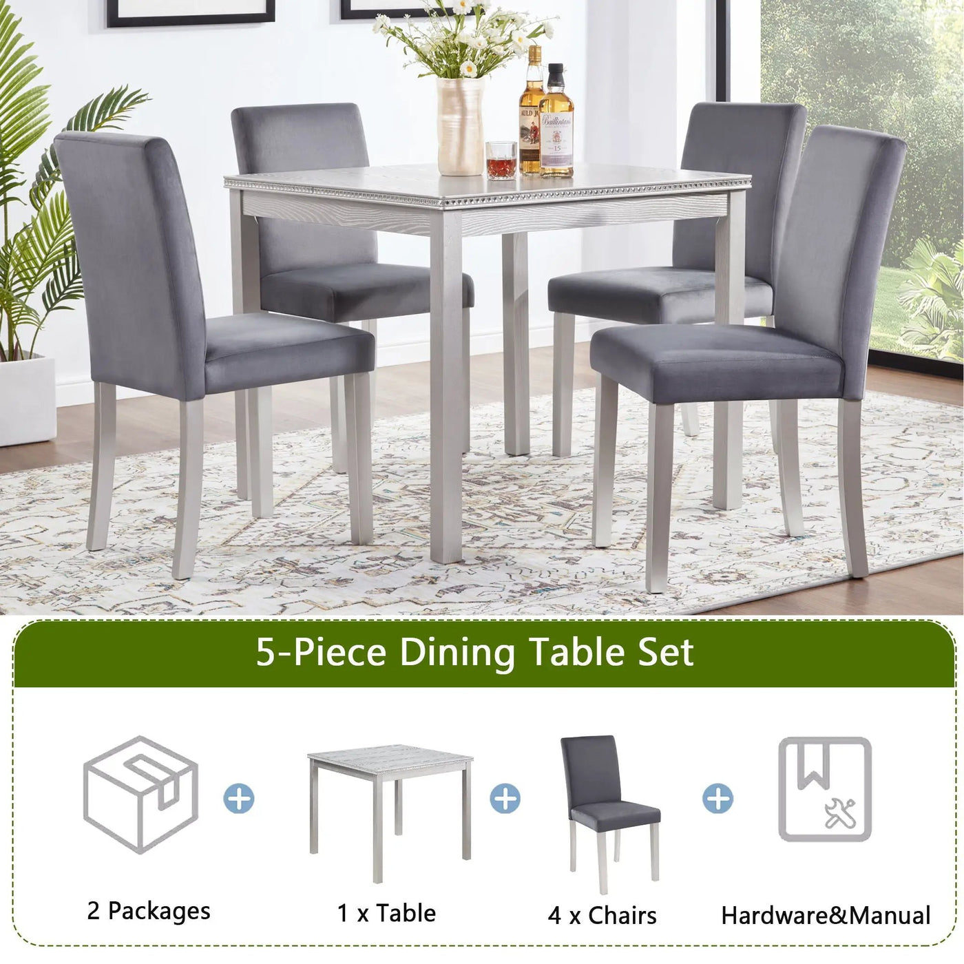 5 Pieces Wooden Dining Table Set, Square Table And 4 Upholstered Chairs by Unique Piece Furniture