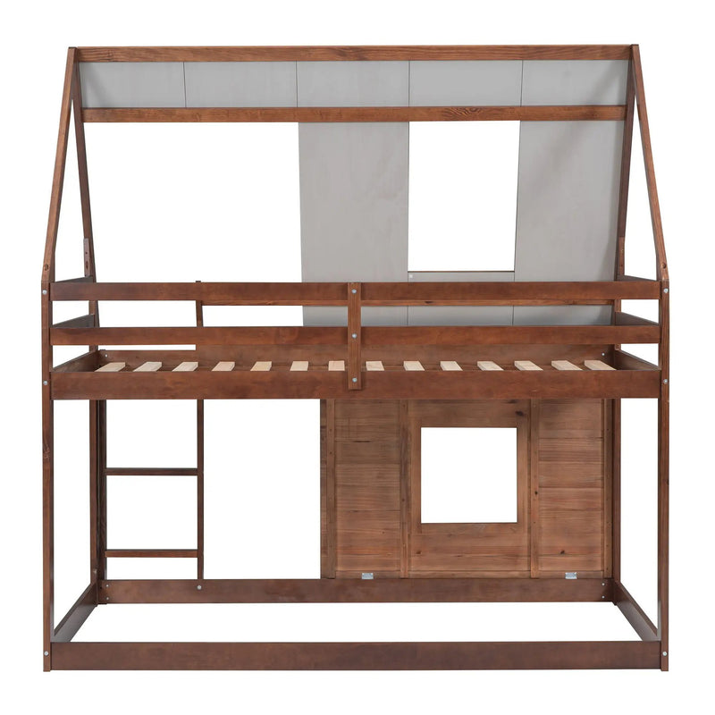 Wood Twin Size House Bunk Bed With Roof, Ladder And 2 Windows - Oak & Smoky Gray by HouseOfZazla