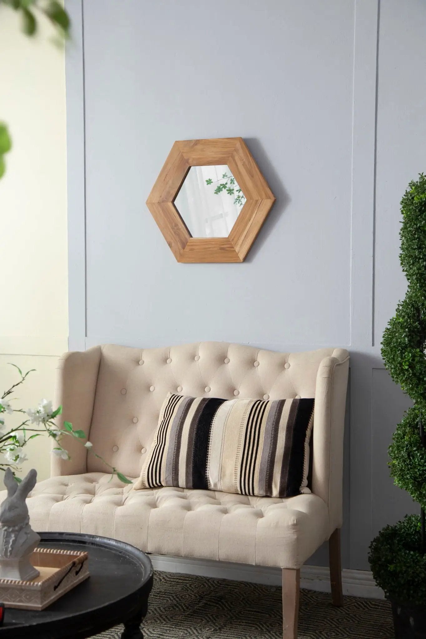 Hexagon Mirror With Natural Wood Frame, Wall Decor For Living Room Bathroom Hallway by Unique Piece Furniture