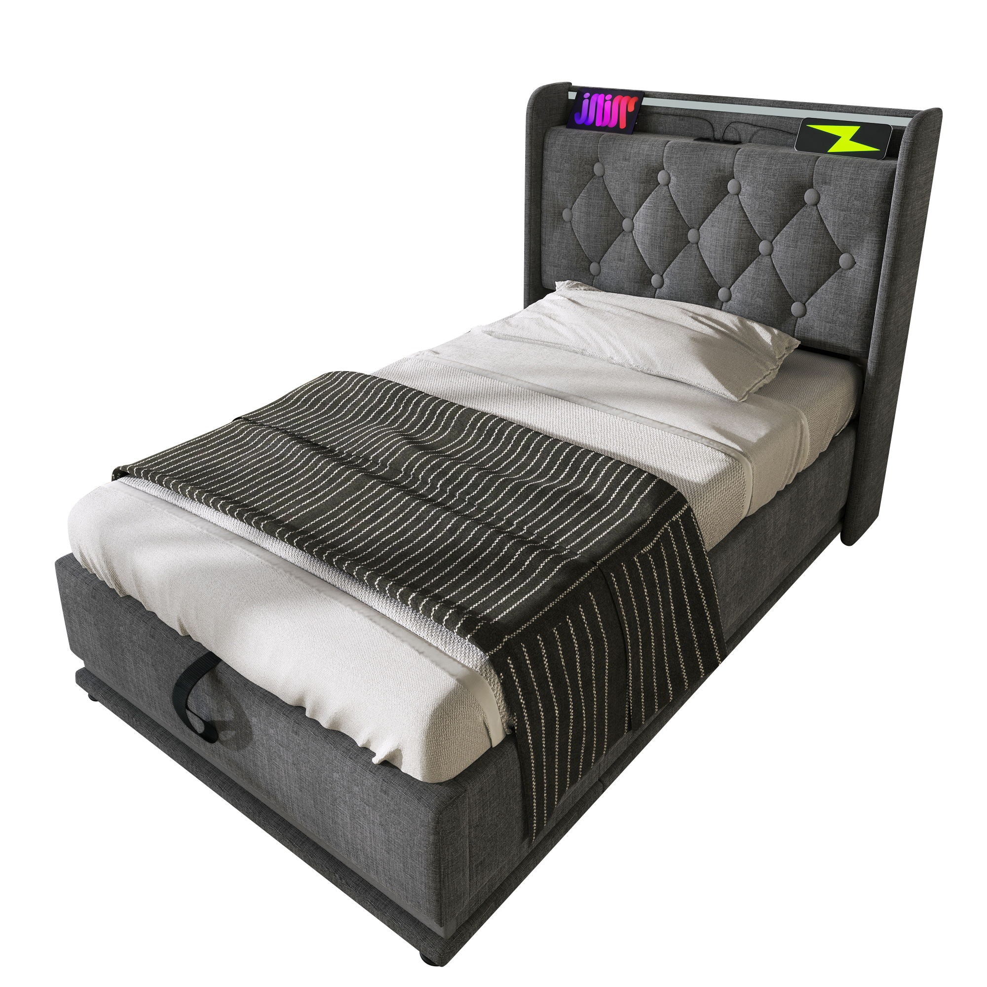 Upholstered Bed, 360 Surround LED Function, Remote Control, Hydraulic Storage Bed With USB, Type-C Charging (Without Mattress) by HouseOfZazla