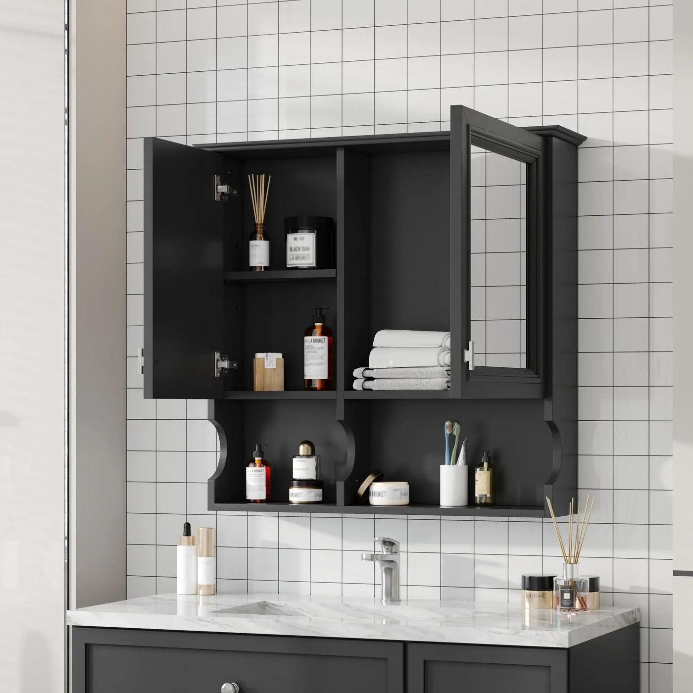 Wall Mounted Mirror Medicine Cabinet, Bathroom Storage With Doors And Open Shelves by HouseOfZazla