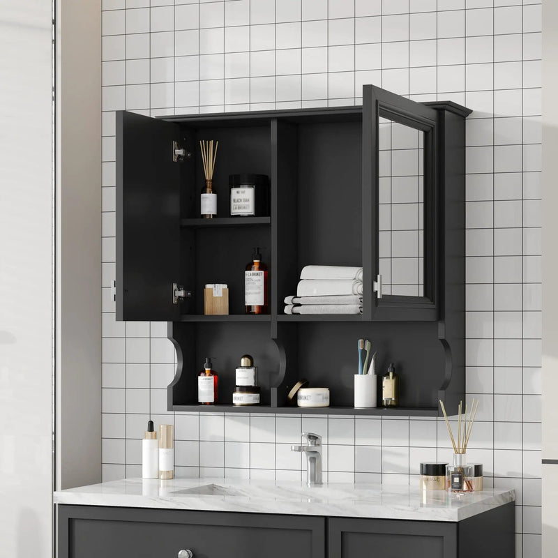 Wall Mounted Mirror Medicine Cabinet, Bathroom Storage With Doors And Open Shelves by Unique Piece Furniture