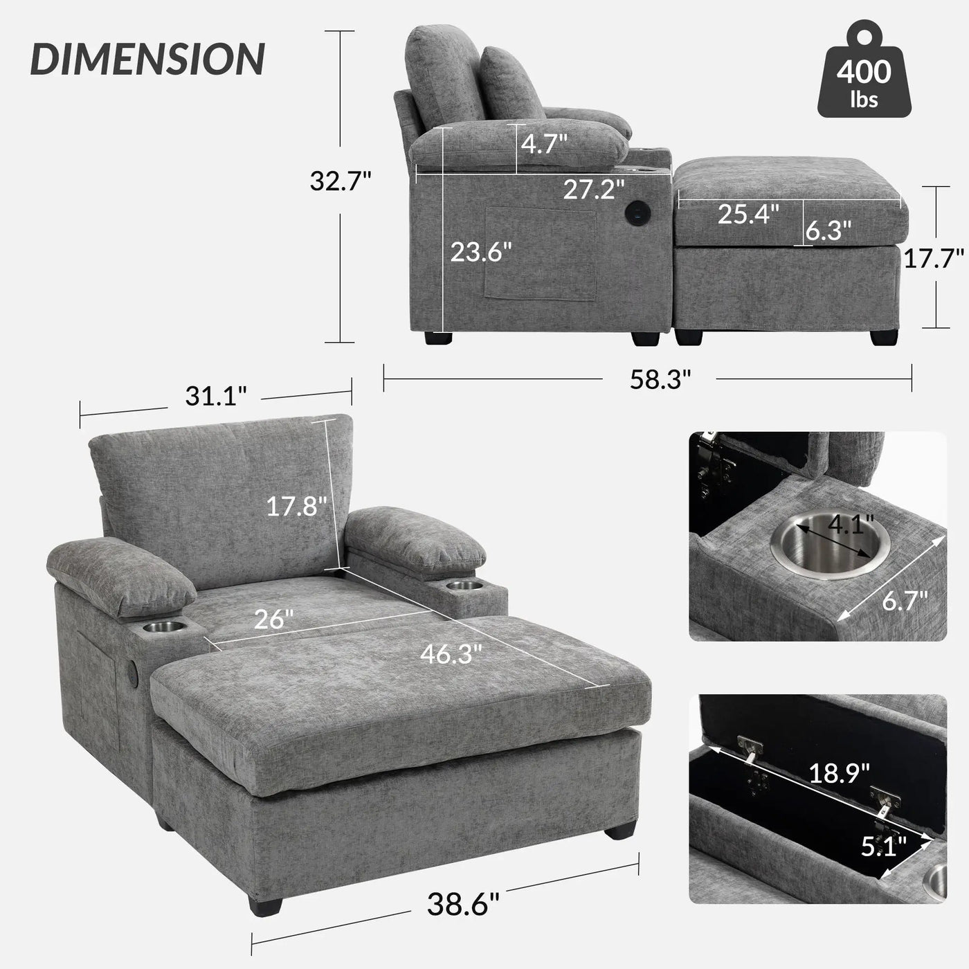 Modern Oversized Chair With Ottoman, Cupholders And USB Charging Ports by Unique Piece Furniture