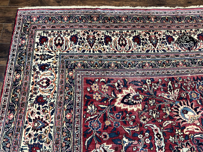 Antique Persian Mashad Rug 10x12, Red and Ivory, Signed by Master Weaver by Jewel Rugs