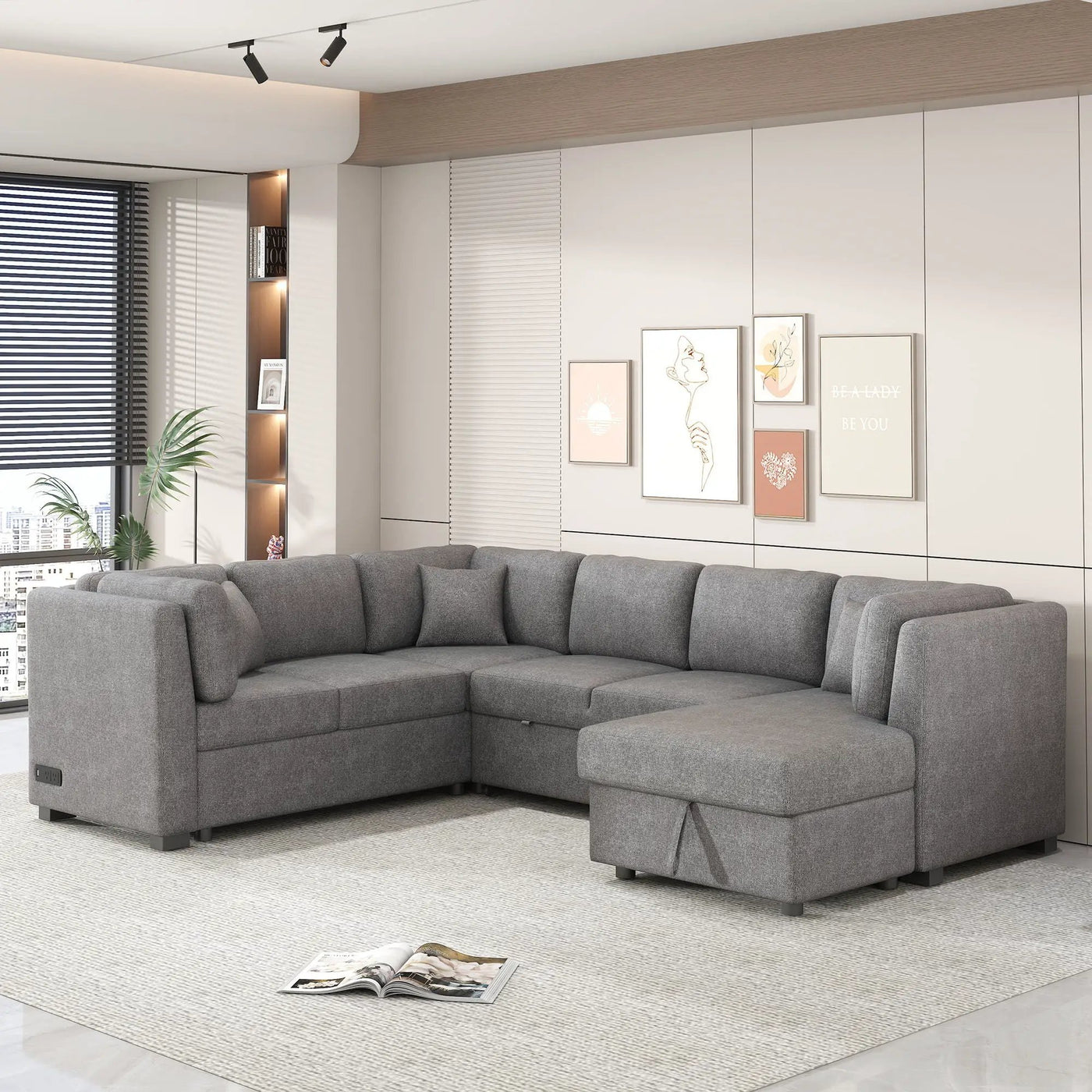 U-Shaped Sectional Sofa Pull Out Sofa Bed With Two USB Ports, Two Power Sockets, Three Back Pillows And A Storage Chaise For Living Room by HouseOfZazla