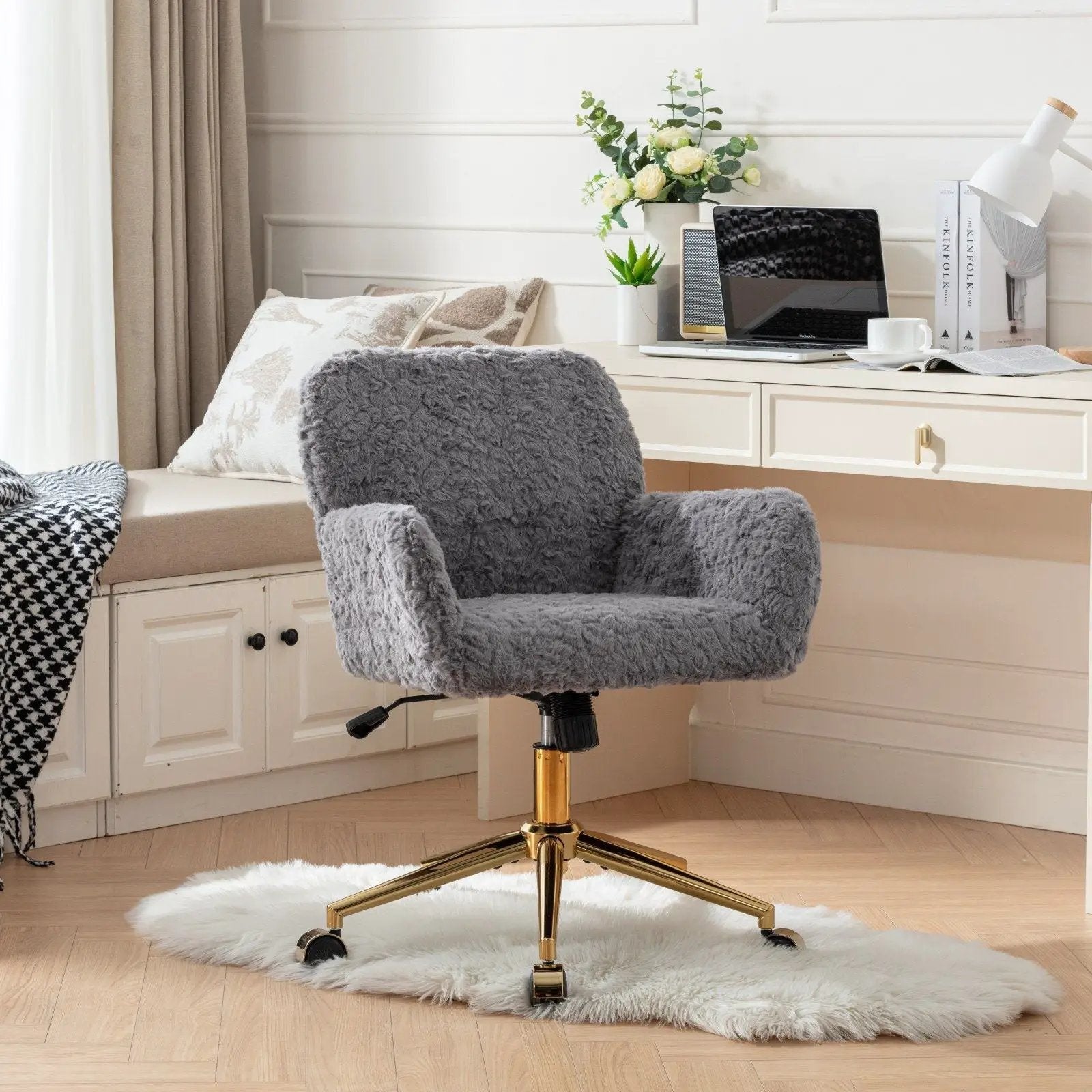 Office Chair, Artificial Rabbit Hair Home Office Chair With Metal Base, Adjustable Desk Chair Swivel Office Chair, Vanity Chair by HouseOfZazla