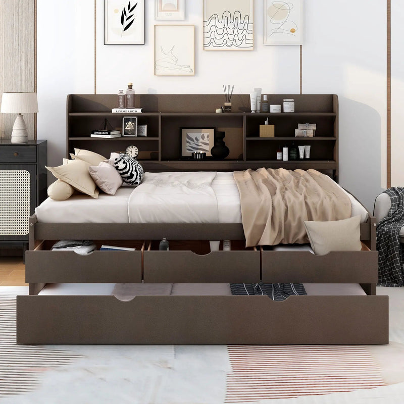 Captain Bed With Built In Bookshelves, 3 Storage Drawers, And Trundle by Unique Piece Furniture