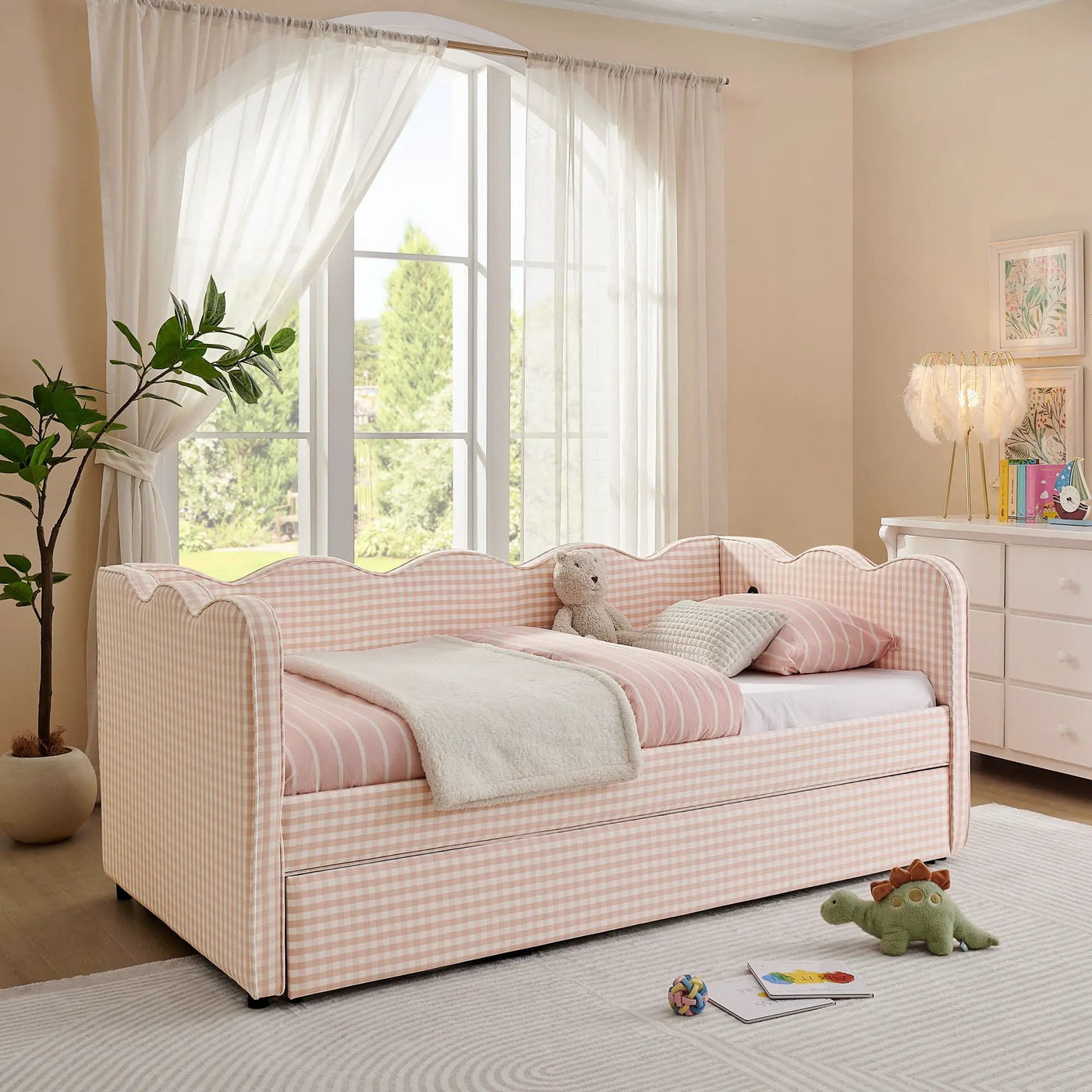Gingham Daybed With USB Charging Port, Wave Shaped Design by HouseOfZazla