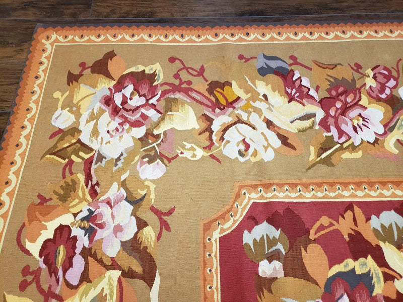 Vintage Chinese Aubusson Savonnerie Flat Pile Rug 9.9 x 14.5 Wool Handwoven Red & Khaki Large Flowers Rug 9x14 - 10x15 Michaelian Kolhberg by Jewel Rugs
