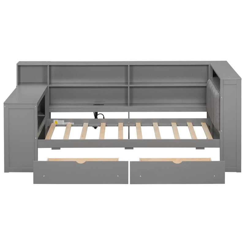 Platform Bed With Upholstered Headboard, Storage Shelves, Drawers, Charging Station, LED Lighting, Built In Desk by HouseOfZazla
