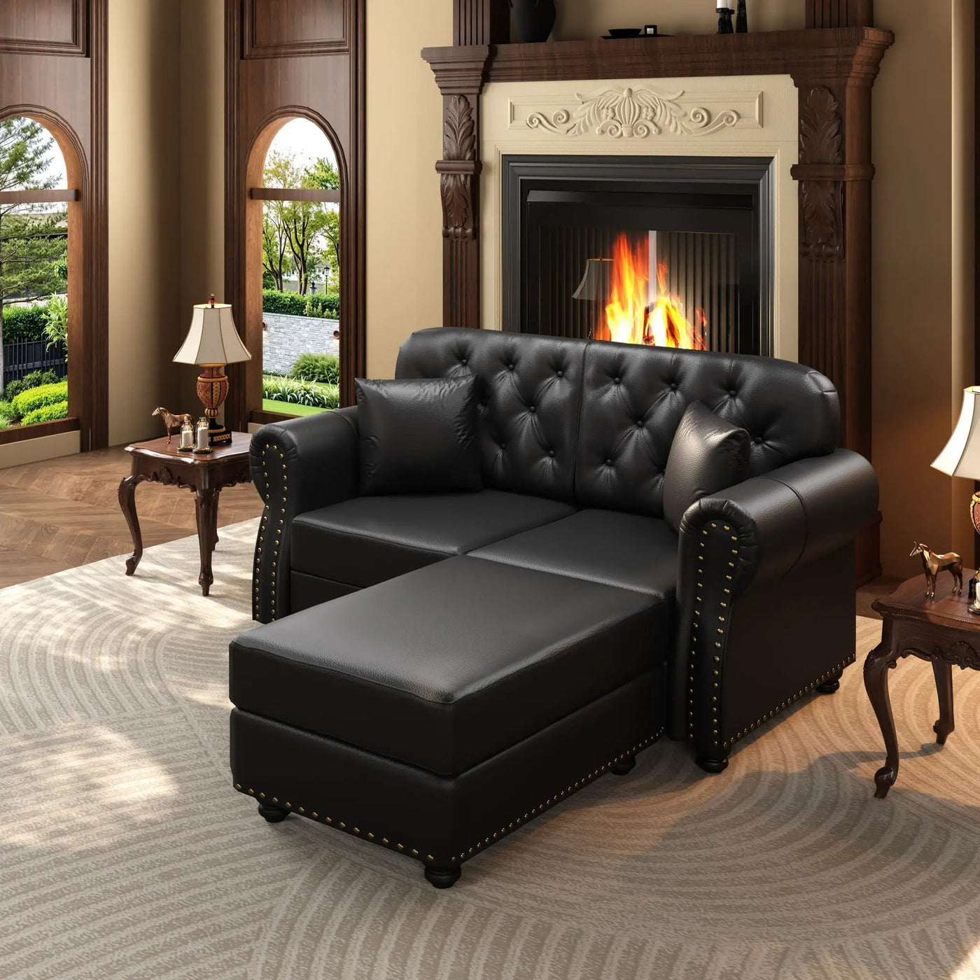 Upholstered Sofa With Nailhead Trim, Rolled Armrests With Ottoman by HouseOfZazla