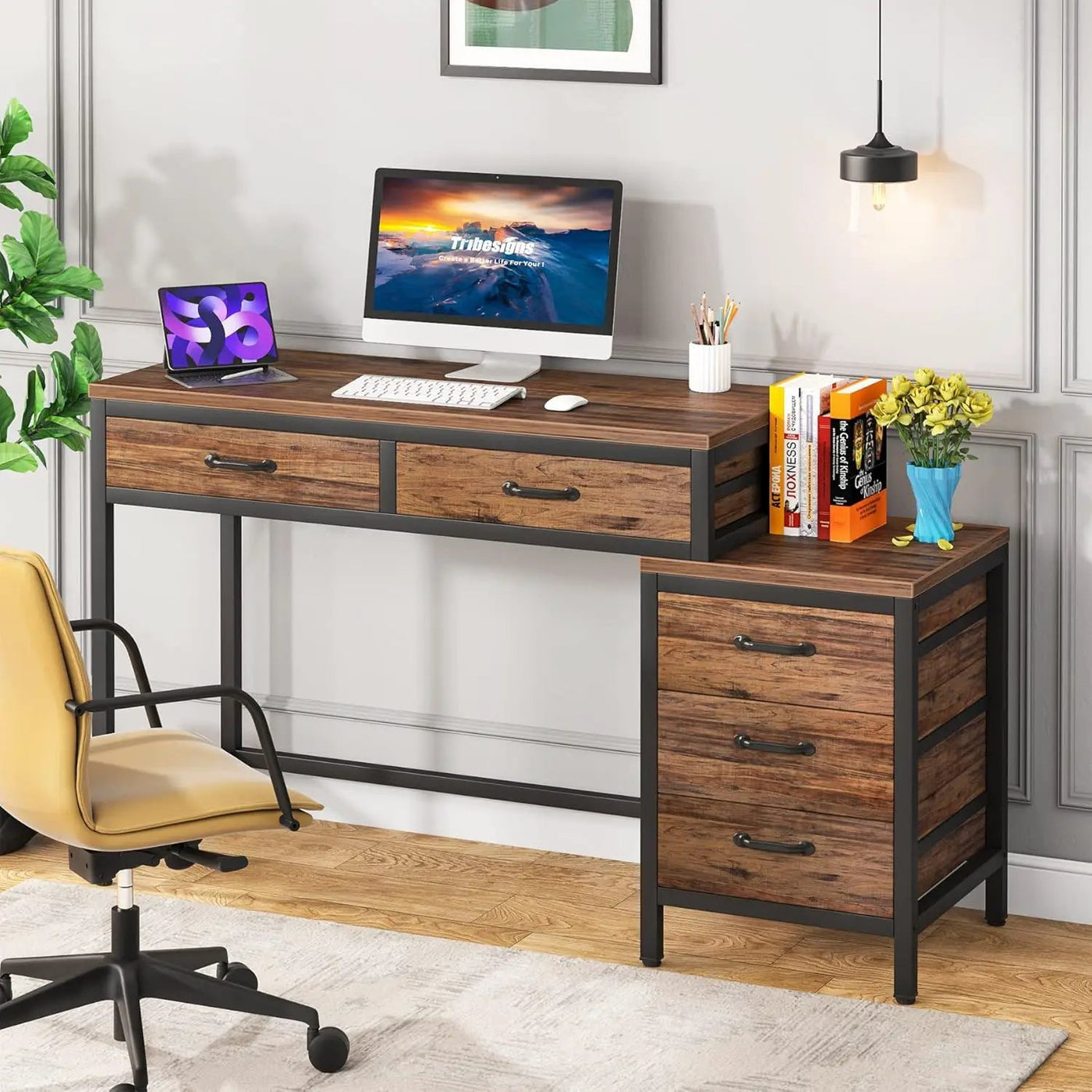 Computer Desk With Reversible 5 Drawer Storage, Frame Writing Table For Small Spaces by HouseOfZazla
