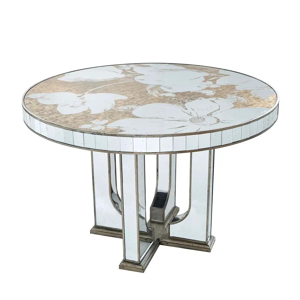 Round Dining Table With Elegant Floral Design And Mirrored - Silver Multi by HouseOfZazla