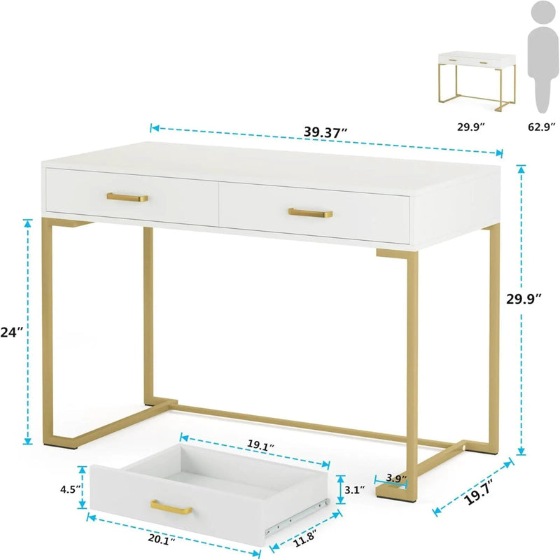 Minimalist Home Office Computer Desk With 2 Drawers, Compact Writing Table For Small Spaces - White / Gold by HouseOfZazla