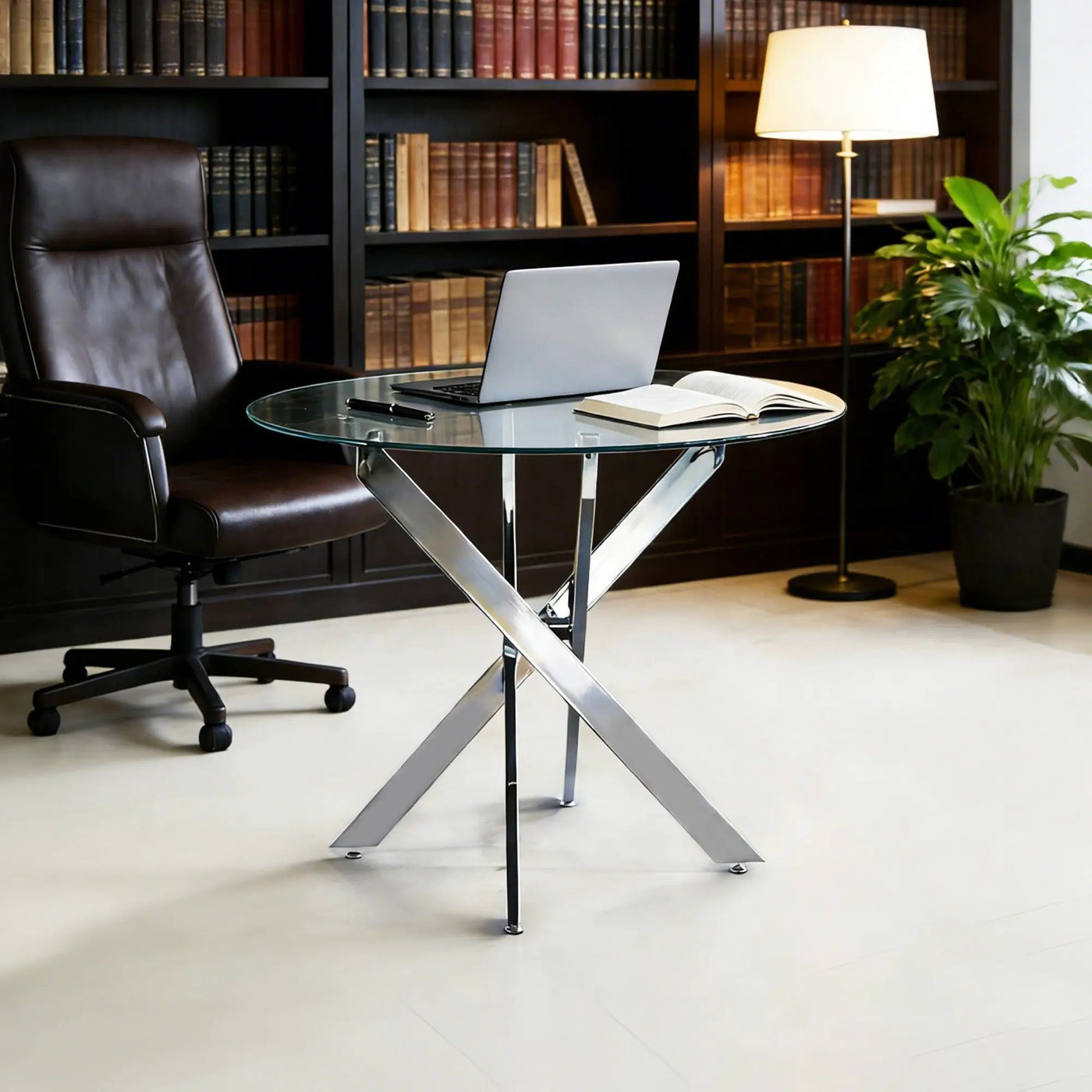 Dining Table With Cross Metal Leg And Tempered Glass, Modern Space Saving Kitchen Table For Living Room by Unique Piece Furniture