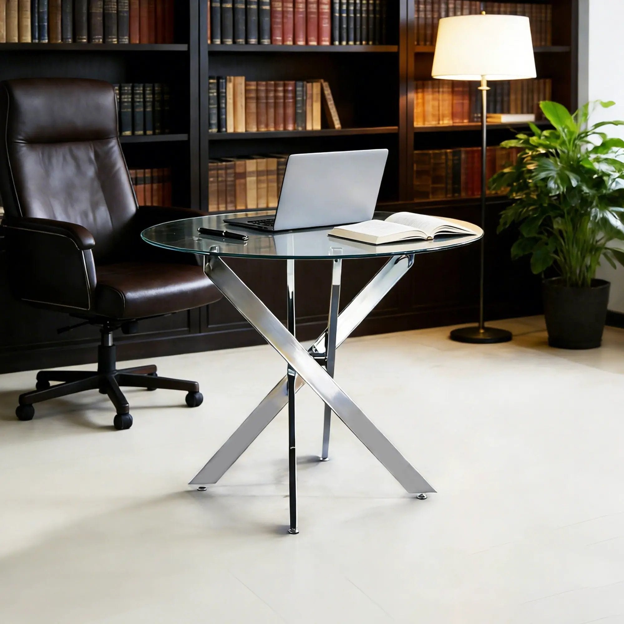 Dining Table With Cross Metal Leg And Tempered Glass, Modern Space Saving Kitchen Table For Living Room by HouseOfZazla