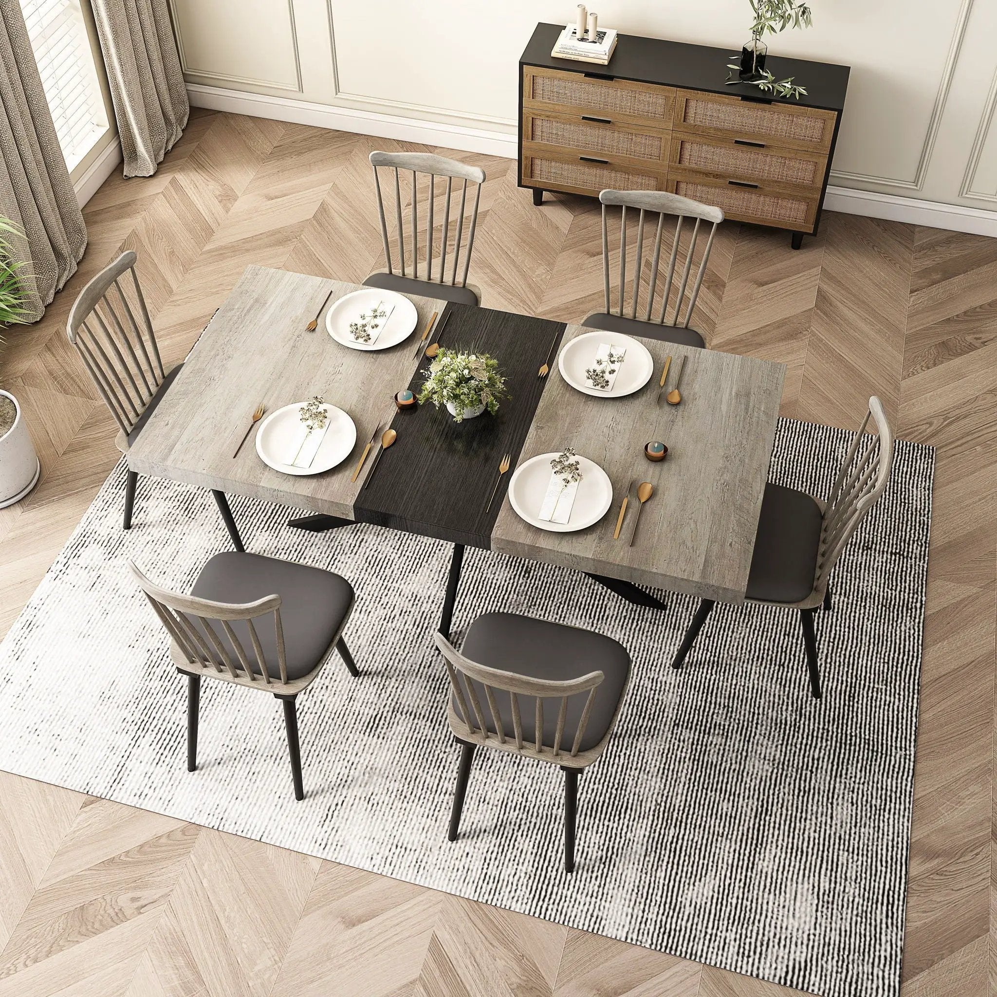 Retro Rectangular Stretch Dining Table With Embossed Center Plate by Unique Piece Furniture