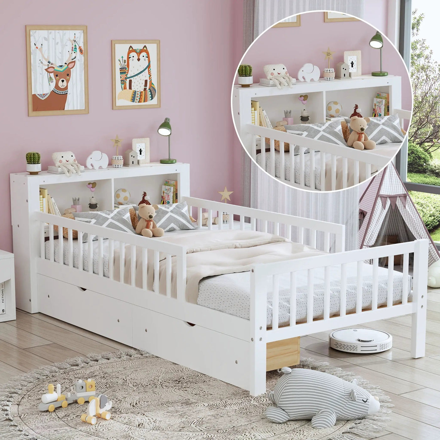 Bed With Headboard Storage Rack, 2 Under Bed Drawers, 3 Side Guardrails For Safety by Unique Piece Furniture