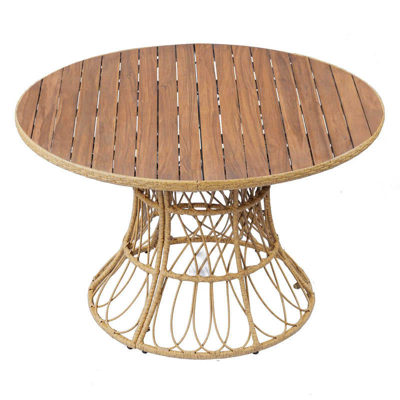 5-Piece Outdoor Dining Set: Teak Finish Round Acacia Wood Table & 4 Wicker Armchairs by HouseOfZazla