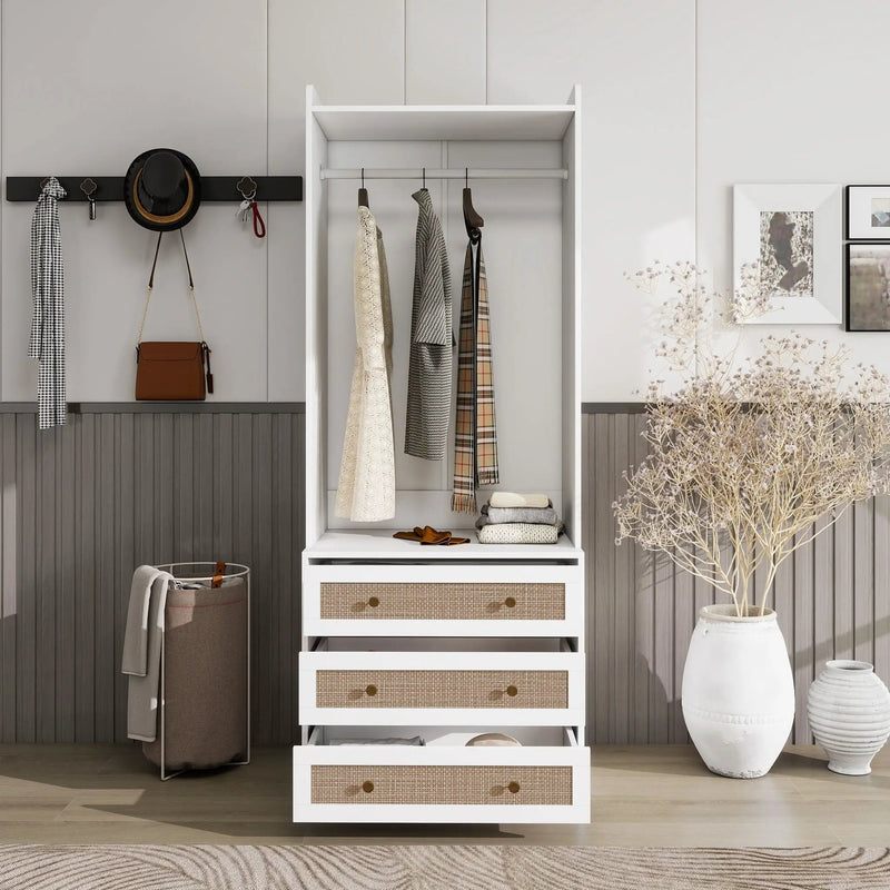 Wardrobe With 3 Drawers High Wardrobe Armoire With Rattan For Living Room Organizer - White by HouseOfZazla