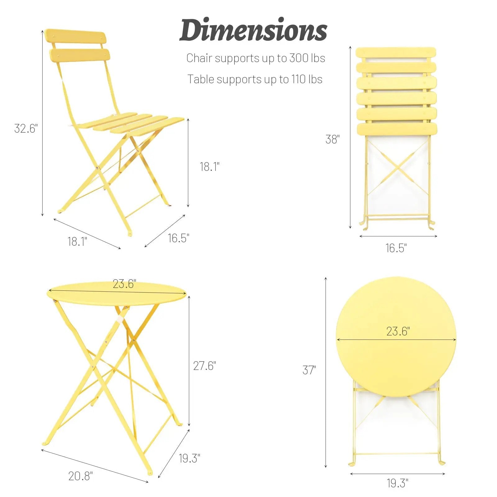 3 Pieces Patio Bistro Balcony Metal Chair Table Set - Yellow by HouseOfZazla