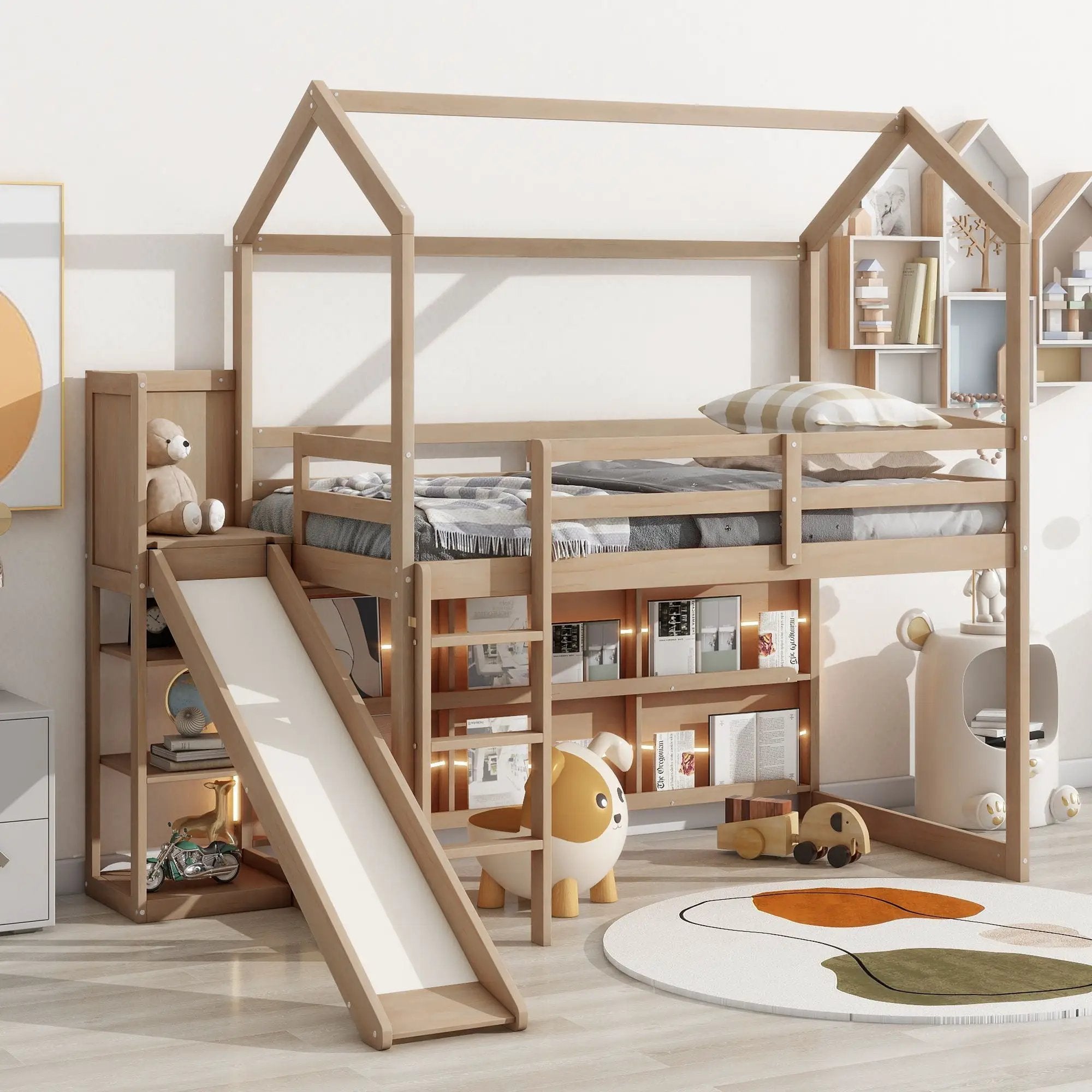 House Loft Bed With Slide, Storage Shelves And Light, Climbing Ramp by Unique Piece Furniture
