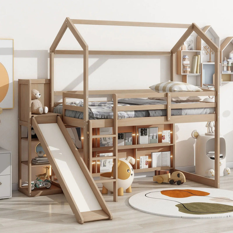 House Loft Bed With Slide, Storage Shelves And Light, Climbing Ramp by HouseOfZazla