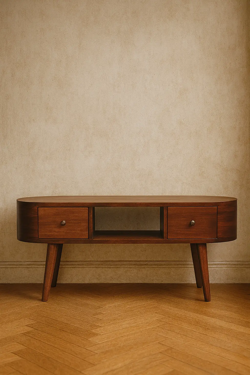 Chestnut Round Open Media Unit, 2-Drawers, 1 Open Slot by HouseOfZazla