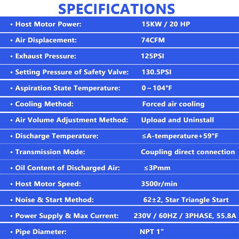 20HP Rotary Screw Air Compressor, 74 CFM, 125 PSI, Industrial-Grade by HouseOfZazla